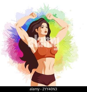Illustration vectorielle de bodybuilder de femme sur les éclaboussures d'aquarelle arc-en-ciel. Pouvoir féminin et féminisme. Femme musclée forte. Carte postale avec femme sportive Illustration de Vecteur