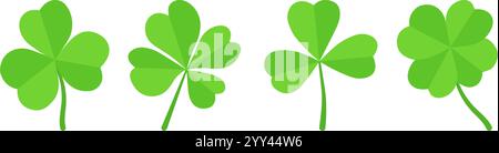 Lucky four, trois trèfle feuille de trèfle icône de style plat illustration vectorielle ensemble. Illustration de Vecteur