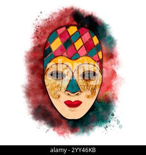 Un design de masque vibrant et artistique qui présente des motifs géométriques complexes combinés avec des couleurs vives. Objet aquarelle isolé sur fond blanc pour la conception de cartes postales, calendriers et souvenirs. Banque D'Images