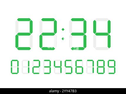 Numéros d'horloge numériques. Symboles de calculatrice rétro verts, caractères de moniteur LCD et chiffres du tableau de bord Illustration de Vecteur