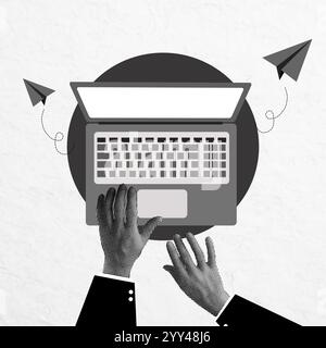 Collage créatif d'éléments de conception en demi-teintes avec un ordinateur portable et des avions en papier dans un espace de travail minimaliste Banque D'Images