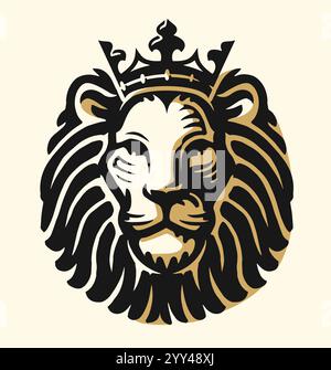 Roi lion avec logo emblème de la couronne. Pouvoir royal, symbole d'autorité. Tête de l'illustration vectorielle animale prédateur Illustration de Vecteur