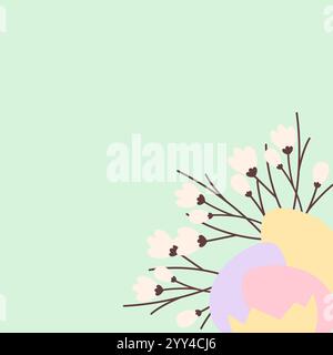 Brins de fleurs, œufs de Pâques colorés et coquille d'oeuf craquelé Corner idée de composition festive Copier espace. Isolez illustration vectorielle cartes thématiques, affichage, blogs ou prospectus web promo, bannière, étiquette Illustration de Vecteur