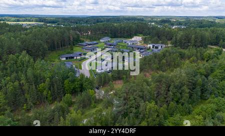 Vue aérienne d'un quartier résidentiel moderne entouré d'une forêt dense, avec des maisons contemporaines avec des toits plats et de grandes fenêtres. Le paysage est Banque D'Images