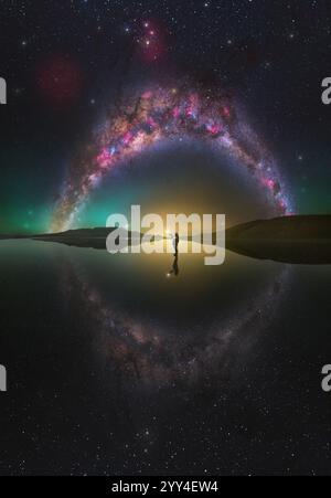 Une image à couper le souffle de la voie lactée voûtant à travers le ciel nocturne, parfaitement reflétée dans les eaux calmes des Salt Flats d'Uyuni en Bolivie, Une figure solitaire Banque D'Images