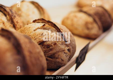 Une vue rapprochée de pains fraîchement cuits exposés dans une boulangerie artisanale, mettant en valeur la texture croustillante et l'atmosphère chaleureuse et accueillante idéale pour f Banque D'Images