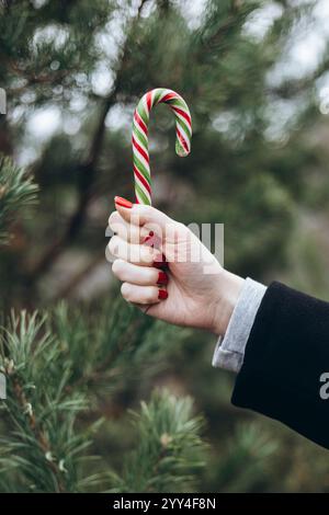 Une scène festive avec une main avec des ongles rouges tenant une canne à bonbons sur un fond de verdure parfait pour Noël et des motifs de vacances Banque D'Images