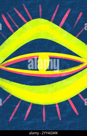 Illustration abstraite artistique représentant un œil stylisé avec un motif d'éclat de soleil rayonnant sur un fond bleu marine texturé. Banque D'Images