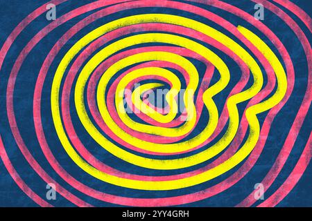 Un arrière-plan abstrait captivant avec des cercles concentriques audacieux dans des teintes jaunes et rouges vives, superposés sur une surface grungy bleue texturée. Banque D'Images