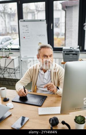Un homme mûr se concentre sur l'art numérique dans son bureau, entouré de plantes et d'une tablette graphique. Banque D'Images