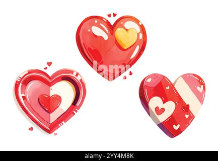 Jeu de coeurs vectoriels d'aquarelle. Brosse à main mignonne dessinée des formes de coeur de doodle avec des taches artistiques aquarelles. Carte de Saint-Valentin peinte à l'aquarelle Illustration de Vecteur