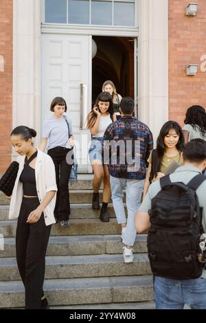Étudiants universitaires multiraciaux se déplaçant dans les escaliers devant l'entrée de l'université Banque D'Images