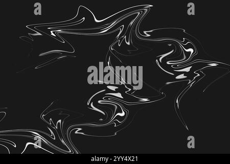 Un design abstrait avec des formes tourbillonnantes et fluides dans des tons de blanc et de gris sur un fond sombre. Banque D'Images