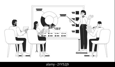Employés de bureau analystes rencontrant des caractères de ligne 2D noir et blanc Illustration de Vecteur