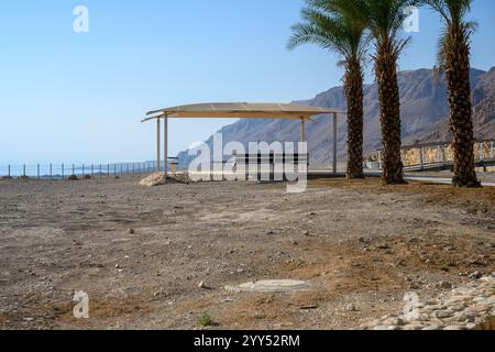 Entrée du site archéologique de Qumran sur la rive de la mer morte, en Cisjordanie, Israël Qumran était habité par une secte juive de la fin de la seconde Banque D'Images