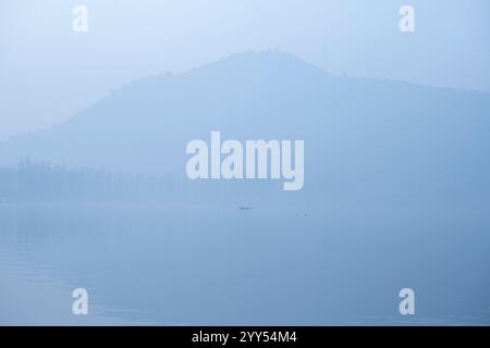 Un batelier cachemirien ramène son bateau à travers le célèbre lac Dal lors d'un matin d'hiver froid et brumeux à Srinagar. La vallée du Cachemire s'enroule actuellement dans des conditions de froid intense alors que la température minimale a chuté de plusieurs degrés en dessous du point de congélation. La capitale de la région, Srinagar, enregistre la nuit la plus froide de la saison à moins 6 degrés Celsius (21,2 degrés Fahrenheit), une fine couche de brouillard également observée dans de nombreuses parties de la vallée. Le bureau météorologique local a prédit un temps principalement sec jusqu'en décembre 26 avec une possibilité de chutes de neige légères dans les tronçons plus élevés de la région résistante de l'Himalaya Banque D'Images