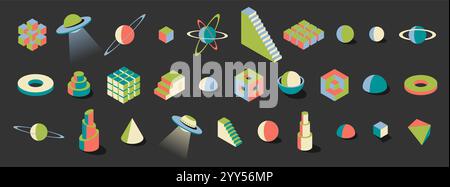 Neo brutalist vibrant formes abstraites 3D avec une esthétique rétro. Comprend des cubes, des planètes et des formes d'OVNI. Parfait pour la création d'affiches modernes, d'art mural tendance ou de modèles de design colorés Illustration de Vecteur