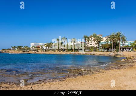 La belle plage et la baie Pioneer près de Pioneer Beach Hotel à Paphos, Chypre Banque D'Images