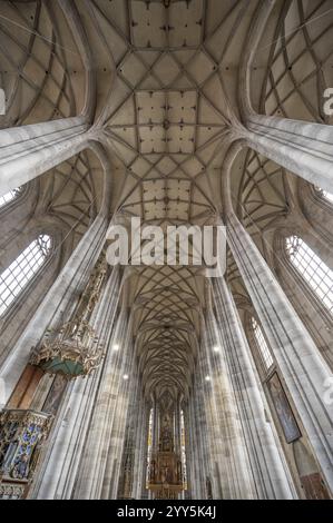 Voûte réticulée avec choeur de l'église-hall gothique tardif de St George, Dinkelsbuehl, Bavière, Allemagne, Europe Banque D'Images