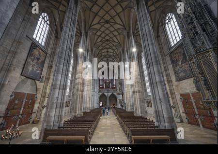 Intérieur avec voûte en filet et loft d'orgue, orgue construit en 1997, église-hall gothique tardif de St George, Dinkelsbuehl, Bavière, Allemagne, Europe Banque D'Images