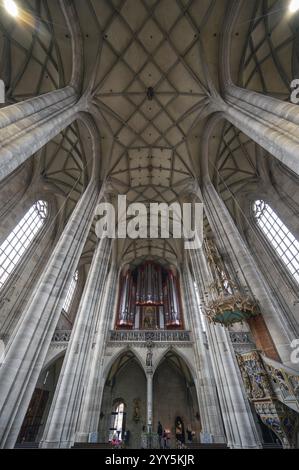 Intérieur avec orgue loft, orgue construit en 1997, église-hall gothique tardif de St George, Dinkelsbuehl, Bavière, Allemagne, Europe Banque D'Images