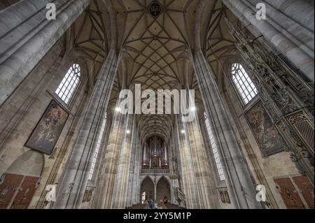 Intérieur avec voûte en filet et loft d'orgue, orgue construit en 1997, église-hall gothique tardif de St George, Dinkelsbuehl, Bavière, Allemagne, Europe Banque D'Images