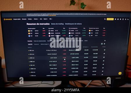 Vigo,Pontevedra,Espagne ; décembre,19,2024:cette image présente un moniteur d'ordinateur affichant un graphique de trading Bitcoin en temps réel. Banque D'Images