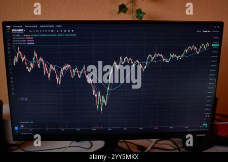 Vigo,Pontevedra,Espagne ; décembre,19,2024:cette image présente un moniteur d'ordinateur affichant un graphique de trading Bitcoin en temps réel. Banque D'Images