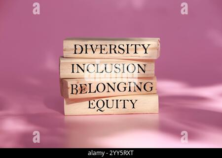 Équité, diversité, inclusion et symbole d'appartenance. Blocs en bois avec les mots «équité, diversité, inclusion, appartenance» sur un beau fond rose. S/O Banque D'Images