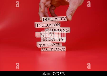 Diversité, symbole d'inclusion. Diversité appartenance inclusion équité tolérance identité mots d'acceptation écrits sur bloc de bois. Beau backgroun rouge Banque D'Images