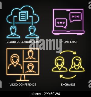 Jeu d'icônes néon de travail d'équipe à distance. Collaboration en ligne, symboles de chat et vidéo, partage de documents dans le cloud. Illustration vectorielle Illustration de Vecteur