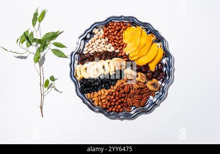 Un beau plat en argent avec divers fruits secs et noix sur un fond blanc avec une branche d'arbre verte. vue de dessus. Le concept du tu Bi Shvat Banque D'Images
