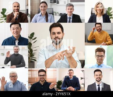 Hommes d'affaires regardant dans la caméra pendant la réunion en ligne. Collage avec photos Banque D'Images