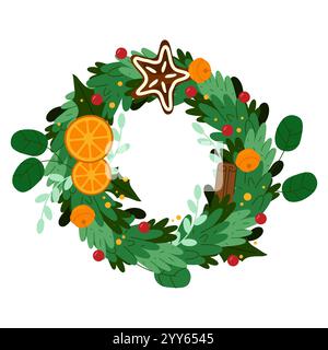 Couronne de baies d'eucalyptus faite à la main. Image vectorielle ou icône isolée sur fond. Couronne de Noël. Rameaux de plantes Evergreen pour la décoration de la maison. Illustration de Vecteur