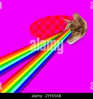 Chat dans des lunettes de soleil tirant avec des lasers arc-en-ciel des yeux sur fond de couleur magenta, collage créatif. Affiche élégante Banque D'Images