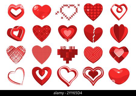 Ensemble d'icônes de coeur stylisées, clip vectoriel Formes de coeur rouges simples. Collection de silhouettes de coeur le symbole de l'amour et de la romance. La Saint-Valentin Illustration de Vecteur