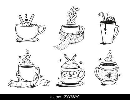 Ensemble de boissons chaudes de Noël. Collection de boissons alcoolisées hivernales, y compris le vin chaud Illustration de Vecteur