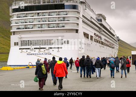 Isafjordur, Islande - 25 août 2024 : les passagers du bateau de croisière retournent au bateau de croisière NCL Norwegian Star après avoir visité la ville reculée d'Isafjor Banque D'Images