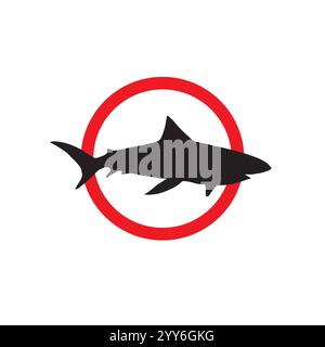 Panneau d'avertissement plat de vecteur avec silhouette de requin dans le cercle rouge isolé sur fond blanc Illustration de Vecteur