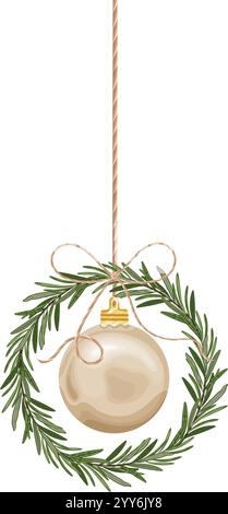 Illustration vectorielle minimaliste d'une couronne de romarin avec une boule d'or sur une ficelle, symbolisant un décor de Noël écologique. Illustration de Vecteur