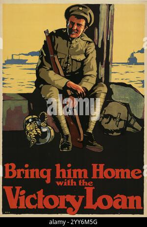 Affiche canadienne vintage en temps de guerre de la première Guerre mondiale : achetez des obligations de la victoire 'ramenez-le à la maison avec le prêt de la victoire' (vers 1918) Banque D'Images