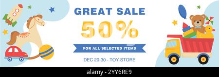 Modèle de bannière de magasin de jouets. Bannière publicitaire avec ours en peluche, cheval, voiture, camion.. Gabarit pour magasin de jouets. Illustration de Vecteur