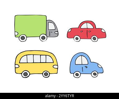 Ensemble vectoriel faisceau de voiture d'esquisse de doodle dessinée à la main colorée isolée sur fond blanc Illustration de Vecteur