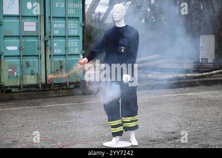 Wenige Tage vor dem Jahreswechsel 2024/25 warnt die Feuerwehr Hamburg vor dem Abbrennen illlegaler Pyrotechnik. BEI einer Präsentation auf dem Trainingsgelände in Billbrook am vergangenen Dienstag, zeigten die Brandbekämpfer die schweren Verletzungen, die durch den unsachgemäßen Umgang mit in Deutschland nicht zugelassenem Feuerwerk entstehen können. Denn in der Nacht zum Jahreswechsel wird immer wieder auf sogenannte Polen-Böller zurückgegriffen, die in Deutschland keine Zulassung haben. Die Zulassung von Feuerwerk unterliegt in Deutschland strikten Vorgaben, die im Sprengstoffgesetz geregelt Banque D'Images