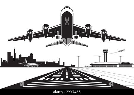 Avion de passagers décollant de la piste à l'aéroport de la ville - illustration vectorielle Illustration de Vecteur