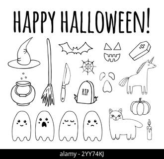Ensemble vectoriel faisceau d'éléments d'esquisse de doodle dessinés à la main Halloween isolés sur fond blanc Illustration de Vecteur