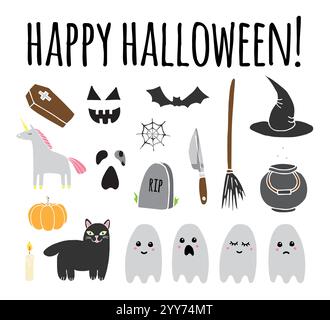 Ensemble vectoriel faisceau d'éléments d'esquisse de doodle dessinés à la main colorés d'Halloween isolés sur fond blanc Illustration de Vecteur