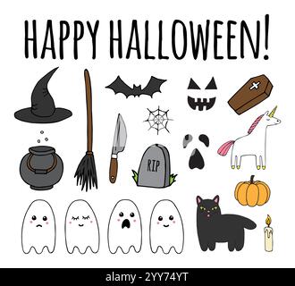 Vector set bundle of different color hand drawn doodle sketch Halloween elements isolated on white background Illustration de Vecteur