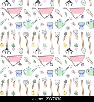 Vecteur modèle sans couture de couleur pastel dessiné à la main doodle matériel de jardinage d'esquisse isolé sur fond blanc Illustration de Vecteur