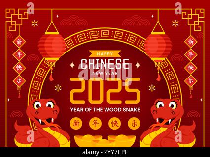 Joyeux nouvel an chinois 2025 illustration vectorielle. Traduction : année du serpent de bois, mettant en vedette des serpents et des éléments chinois traditionnels en arrière-plan Illustration de Vecteur